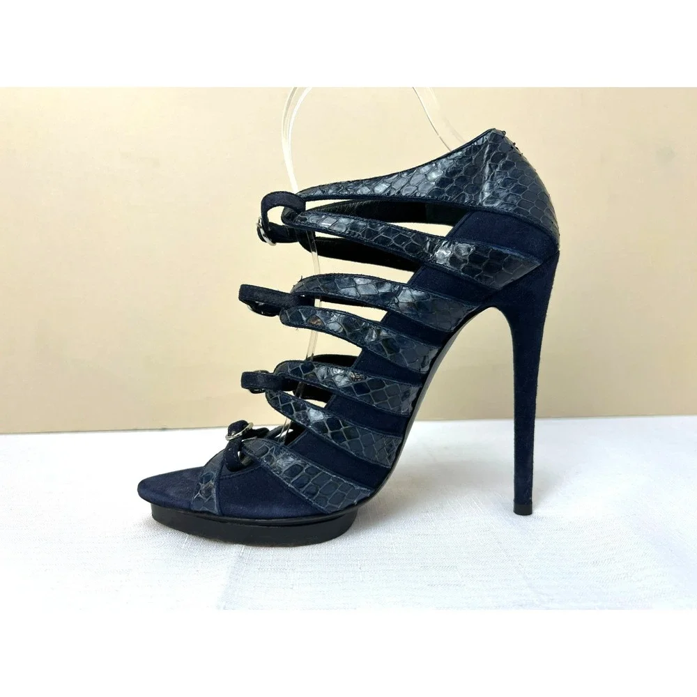 Balenciaga Stilletto Cage Heels Navy Blue Python + Suede Leather Pointed SZ 38/8